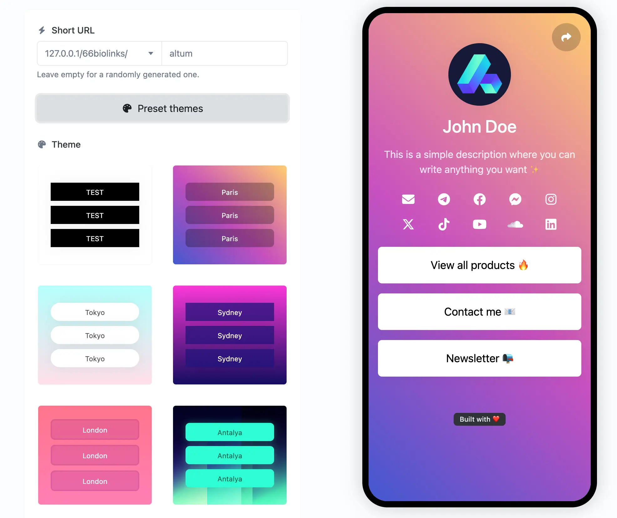 Cuplikan layar dari halaman pengeditan biolink aplikasi